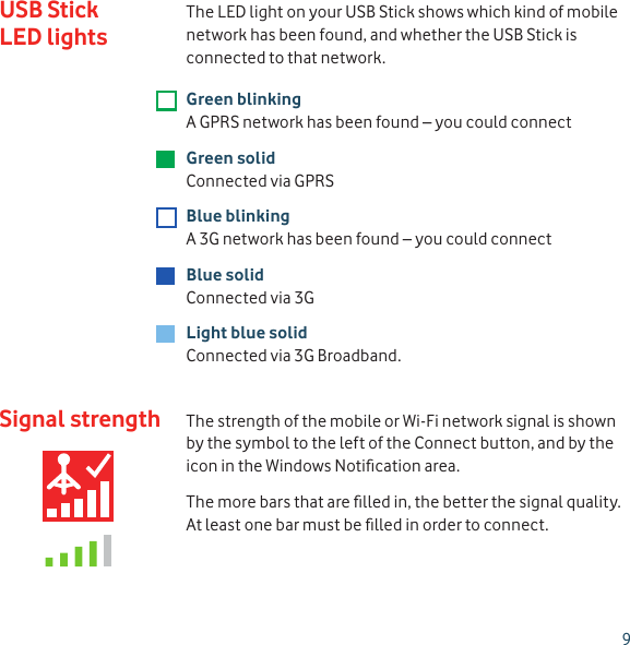 9Signal strengthThe LED light on your USB Stick shows which kind of mobile network has been found, and whether the USB Stick is connected to that network.Green blinkingA GPRS network has been found – you could connectGreen solidConnected via GPRS Blue blinkingA 3G network has been found – you could connectBlue solidConnected via 3GLight blue solidConnected via 3G Broadband.The strength of the mobile or Wi-Fi network signal is shown by the symbol to the left of the Connect button, and by the icon in the Windows Notiﬁ cation area. The more bars that are ﬁ lled in, the better the signal quality. At least one bar must be ﬁ lled in order to connect.USB Stick LED lights