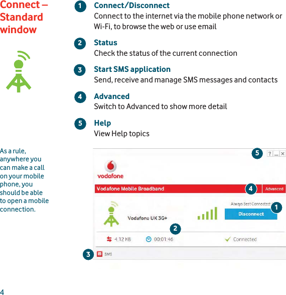 4Connect/DisconnectConnect to the internet via the mobile phone network or Wi-Fi, to browse the web or use emailStatusCheck the status of the current connectionStart SMS applicationSend, receive and manage SMS messages and contactsAdvancedSwitch to Advanced to show more detailHelpView Help topics5142345312As a rule, anywhere you can make a call on your mobile phone, you should be able to open a mobile connection.Connect – Standard window