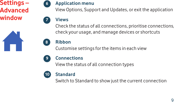  98 1067Application menuView Options, Support and Updates, or exit the applicationViewsCheck the status of all connections, prioritise connections, check your usage, and manage devices or shortcutsRibbonCustomise settings for the items in each viewConnectionsView the status of all connection typesStandardSwitch to Standard to show just the current connectionSettings – Advanced window9