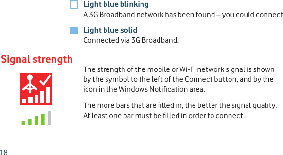 Signal strengthLight blue blinkingA 3G Broadband network has been found – you could connectLight blue solidConnected via 3G Broadband.The strength of the mobile or Wi-Fi network signal is shown by the symbol to the left of the Connect button, and by the icon in the Windows Notiﬁ cation area. The more bars that are ﬁ lled in, the better the signal quality. At least one bar must be ﬁ lled in order to connect.18