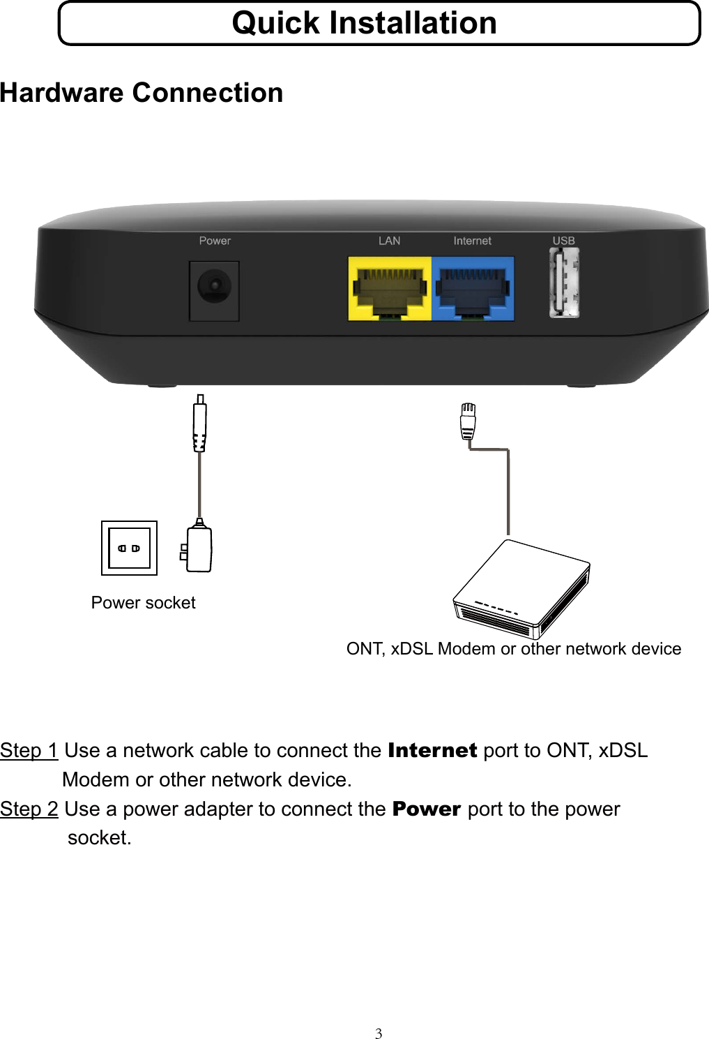 Hardware Connection3Quick InstallationONT, xDSL Modem or other network devicePower socket Step 1 Use a network cable to connect the Internet port to ONT, xDSL              Modem or other network device.Step 2 Use a power adapter to connect the Power port to the power             socket.