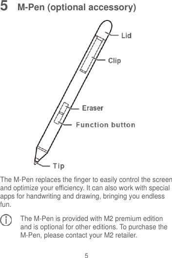 5 5  M-Pen (optional accessory)  The M-Pen replaces the finger to easily control the screen and optimize your efficiency. It can also work with special apps for handwriting and drawing, bringing you endless fun. The M-Pen is provided with M2 premium edition and is optional for other editions. To purchase the M-Pen, please contact your M2 retailer.  
