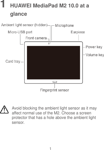 1 1 HUAWEI MediaPad M2 10.0 at a glance   Avoid blocking the ambient light sensor as it may affect normal use of the M2. Choose a screen protector that has a hole above the ambient light sensor.  