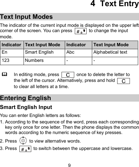  9 4  Text Entry Text Input Modes The indicator of the current input mode is displayed on the upper left corner of the screen. You can press    to change the input mode. Indicator  Text Input Mode Indicator  Text Input Mode En Smart English Abc  Alphabetical text 123 Numbers  -  -   In editing mode, press    once to delete the letter to the left of the cursor. Alternatively, press and hold   to clear all letters at a time. Entering English Smart English Input You can enter English letters as follows: 1. According to the sequence of the word, press each corresponding key only once for one letter. Then the phone displays the common words according to the numeric sequence of key presses. 2. Press    to view alternative words. 3. Press   to switch between the uppercase and lowercase. 