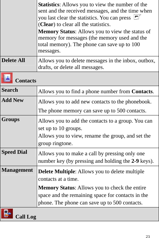   Statistics: Allows you to view the number of the sent and the received messages, and the time when you last clear the statistics. You can press   (Clear) to clear all the statistics. Memory Status: Allows you to view the status of memory for messages (the memory used and the total memory). The phone can save up to 100 messages. Delete All  Allows you to delete messages in the inbox, outbox, drafts, or delete all messages.  Contacts Search  Allows you to find a phone number from Contacts. Add New  Allows you to add new contacts to the phonebook. The phone memory can save up to 500 contacts. Groups  Allows you to add the contacts to a group. You can set up to 10 groups. Allows you to view, rename the group, and set the group ringtone. Speed Dial  Allows you to make a call by pressing only one number key (by pressing and holding the 2-9 keys). Management  Delete Multiple: Allows you to delete multiple contacts at a time. Memory Status: Allows you to check the entire space and the remaining space for contacts in the phone. The phone can save up to 500 contacts.  Call Log 23 