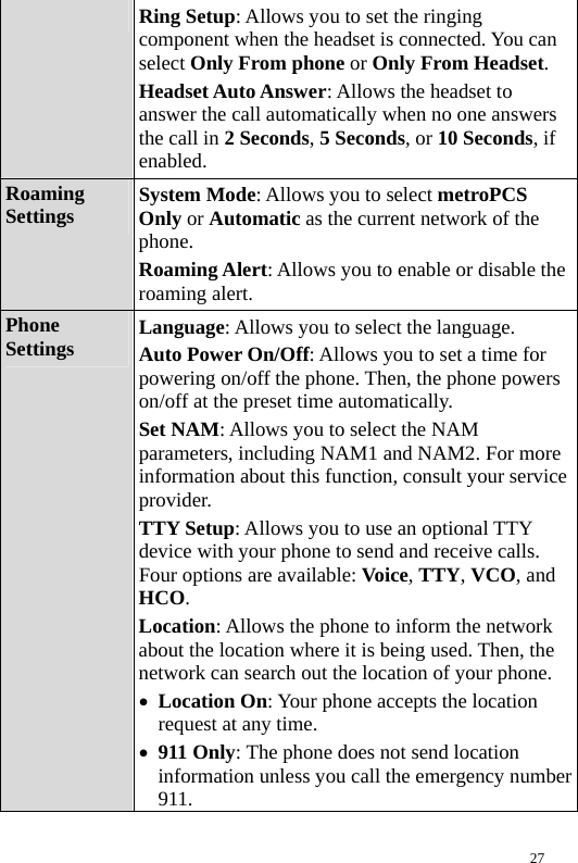   Ring Setup: Allows you to set the ringing component when the headset is connected. You can select Only From phone or Only From Headset. Headset Auto Answer: Allows the headset to answer the call automatically when no one answers the call in 2 Seconds, 5 Seconds, or 10 Seconds, if enabled. Roaming Settings  System Mode: Allows you to select metroPCS Only or Automatic as the current network of the phone. Roaming Alert: Allows you to enable or disable the roaming alert. Phone Settings  Language: Allows you to select the language. Auto Power On/Off: Allows you to set a time for powering on/off the phone. Then, the phone powers on/off at the preset time automatically. Set NAM: Allows you to select the NAM parameters, including NAM1 and NAM2. For more information about this function, consult your service provider. TTY Setup: Allows you to use an optional TTY device with your phone to send and receive calls. Four options are available: Voice, TTY, VCO, and HCO. Location: Allows the phone to inform the network about the location where it is being used. Then, the network can search out the location of your phone. z Location On: Your phone accepts the location request at any time. z 911 Only: The phone does not send location information unless you call the emergency number 911. 27 