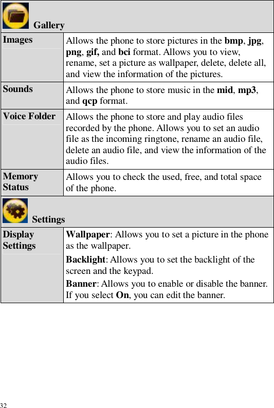 32  Gallery Images  Allows the phone to store pictures in the bmp, jpg, png, gif, and bci format. Allows you to view, rename, set a picture as wallpaper, delete, delete all, and view the information of the pictures. Sounds  Allows the phone to store music in the mid, mp3, and qcp format. Voice Folder Allows the phone to store and play audio files recorded by the phone. Allows you to set an audio file as the incoming ringtone, rename an audio file, delete an audio file, and view the information of the audio files. Memory Status  Allows you to check the used, free, and total space of the phone.  Settings Display Settings  Wallpaper: Allows you to set a picture in the phone as the wallpaper. Backlight: Allows you to set the backlight of the screen and the keypad. Banner: Allows you to enable or disable the banner. If you select On, you can edit the banner. 