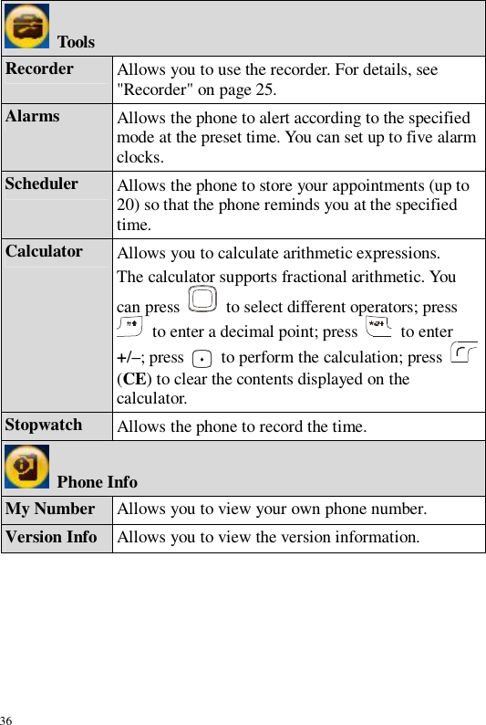 36  Tools Recorder  Allows you to use the recorder. For details, see &quot;Recorder&quot; on page 25. Alarms  Allows the phone to alert according to the specified mode at the preset time. You can set up to five alarm clocks. Scheduler  Allows the phone to store your appointments (up to 20) so that the phone reminds you at the specified time. Calculator  Allows you to calculate arithmetic expressions. The calculator supports fractional arithmetic. You can press   to select different operators; press  to enter a decimal point; press   to enter +/–; press   to perform the calculation; press  (CE) to clear the contents displayed on the calculator. Stopwatch  Allows the phone to record the time.  Phone Info My Number  Allows you to view your own phone number. Version Info Allows you to view the version information. 