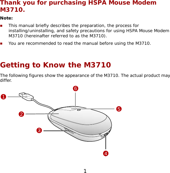 Thank you for purchasing HSPA Mouse Modem M3710. Note:  This manual briefly describes the preparation, the process for installing/uninstalling, and safety precautions for using HSPA Mouse Modem M3710 (hereinafter referred to as the M3710).  You are recommended to read the manual before using the M3710.  Getting to Know the M3710 The following figures show the appearance of the M3710. The actual product may differ. 132456 1 