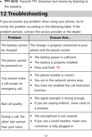  TTY HCO: Transmit TTY characters but receive by listening to the earpiece. 12 Troubleshooting If you encounter any problem when using your phone, try to rectify the problem according to the following table. If the problem persists, contact the service provider or the dealer. Problem  Ensure that... The battery cannot be charged. The charger is properly connected to your phone and the power socket. The phone cannot be powered on.  The battery power is sufficient.  The battery is properly installed.  Press and hold  . You cannot make a call except an emergency call.  The phone number is correct.  You are in the network service area.  You have not enabled the call restriction function. Bad call quality.  The signal strength is strong enough.  If you are staying indoors, move close to a window. During a call, the other side cannot hear your voice.  The microphone is not covered.  If you use a wired headset, make sure connector is fully plugged in. 17 