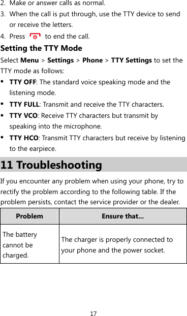 17 2. Make or answer calls as normal. 3. When the call is put through, use the TTY device to send or receive the letters. 4. Press    to end the call. Setting the TTY Mode Select Menu &gt; Settings &gt; Phone &gt; TTY Settings to set the TTY mode as follows: z TTY OFF: The standard voice speaking mode and the listening mode. z TTY FULL: Transmit and receive the TTY characters. z TTY VCO: Receive TTY characters but transmit by speaking into the microphone. z TTY HCO: Transmit TTY characters but receive by listening to the earpiece. 11 Troubleshooting If you encounter any problem when using your phone, try to rectify the problem according to the following table. If the problem persists, contact the service provider or the dealer. Problem  Ensure that... The battery cannot be charged. The charger is properly connected to your phone and the power socket. 