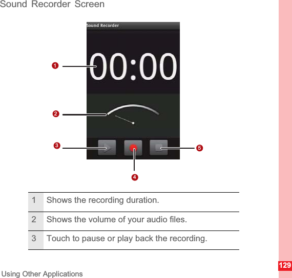 129Using Other ApplicationsSound Recorder Screen1 Shows the recording duration.2 Shows the volume of your audio files.3 Touch to pause or play back the recording.1 12354