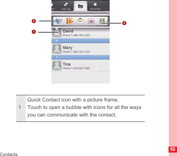 52Contacts1Quick Contact icon with a picture frame.Touch to open a bubble with icons for all the ways you can communicate with the contact.132