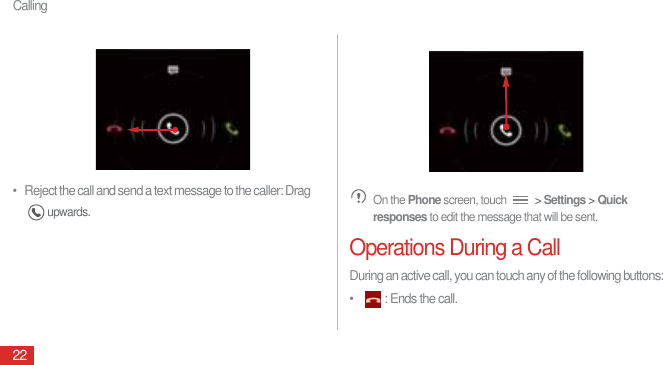 Calling22•   Reject the call and send a text message to the caller: Drag upwards. On the Phone screen, touch   &gt; Settings &gt; Quick responses to edit the message that will be sent.Operations During a CallDuring an active call, you can touch any of the following buttons:•  : Ends the call.