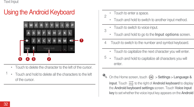 Text Input32Using the Android Keyboard On the Home screen, touch   &gt; Settings &gt; Language &amp; input. Touch  to the right of Android keyboard to display the Android keyboard settings screen. Touch Voice input key to set whether the voice input key appears on the Android 1• Touch to delete the character to the left of the cursor.• Touch and hold to delete all the characters to the left of the cursor.123452• Touch to enter a space.• Touch and hold to switch to another input method.3• Touch to switch to voice input.• Touch and hold to go to the Input options screen.4 Touch to switch to the number and symbol keyboard.5• Touch to capitalize the next character you will enter.• Touch and hold to capitalize all characters you will enter.