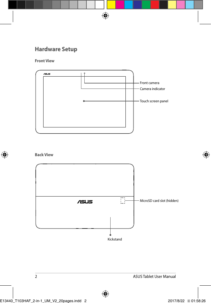 2ASUS Tablet User ManualHardware SetupFront ViewCamera indicatorFront cameraBack ViewMicroSD card slot (hidden)KickstandTouch screen panelE13440_T103HAF_2-in-1_UM_V2_20pages.indd   2 2017/8/22   �� 01:58:26