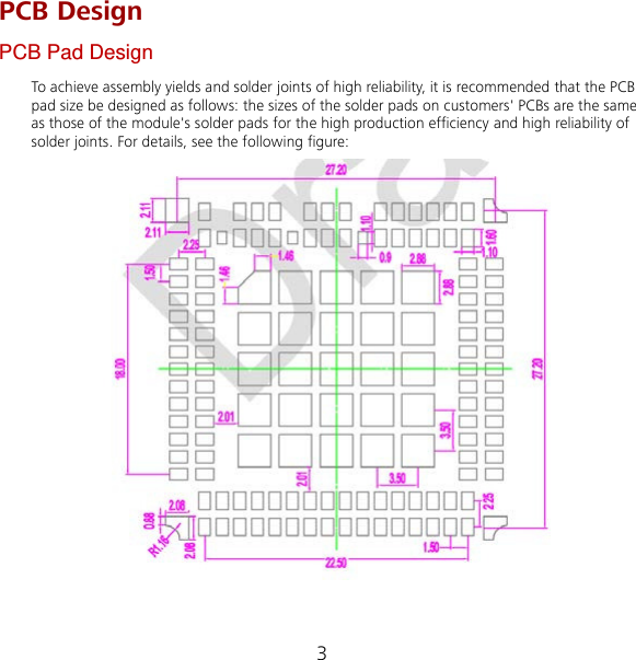 3 PCB Design PCB Pad Design To achieve assembly yields and solder joints of high reliability, it is recommended that the PCB pad size be designed as follows: the sizes of the solder pads on customers&apos; PCBs are the same as those of the module&apos;s solder pads for the high production efficiency and high reliability of solder joints. For details, see the following figure:                 