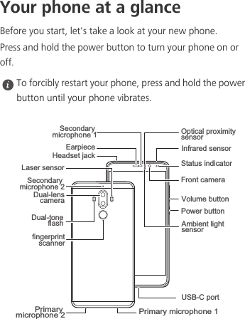 Your phone at a glanceBefore you start, let&apos;s take a look at your new phone.Press and hold the power button to turn your phone on or off.  To forcibly restart your phone, press and hold the power button until your phone vibrates.Status indicatorEarpieceFront cameraInfrared sensorVolume buttonPower buttonUSB-C portHeadset jackAmbient light sensorOptical proximitysensor Secondary microphone 1Dual-lenscameraLaser sensorDual-toneflashfingerprintscannerPrimary microphone 1Secondary microphone 2Primary microphone 2