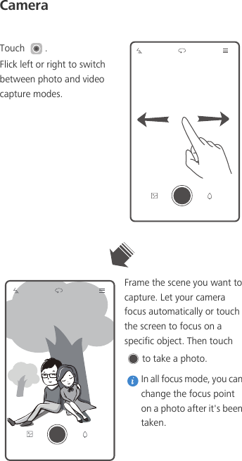 CameraTouch  . Flick left or right to switch between photo and video capture modes.Frame the scene you want to capture. Let your camera focus automatically or touch the screen to focus on a specific object. Then touch to take a photo.  In all focus mode, you can change the focus point on a photo after it&apos;s been taken. 