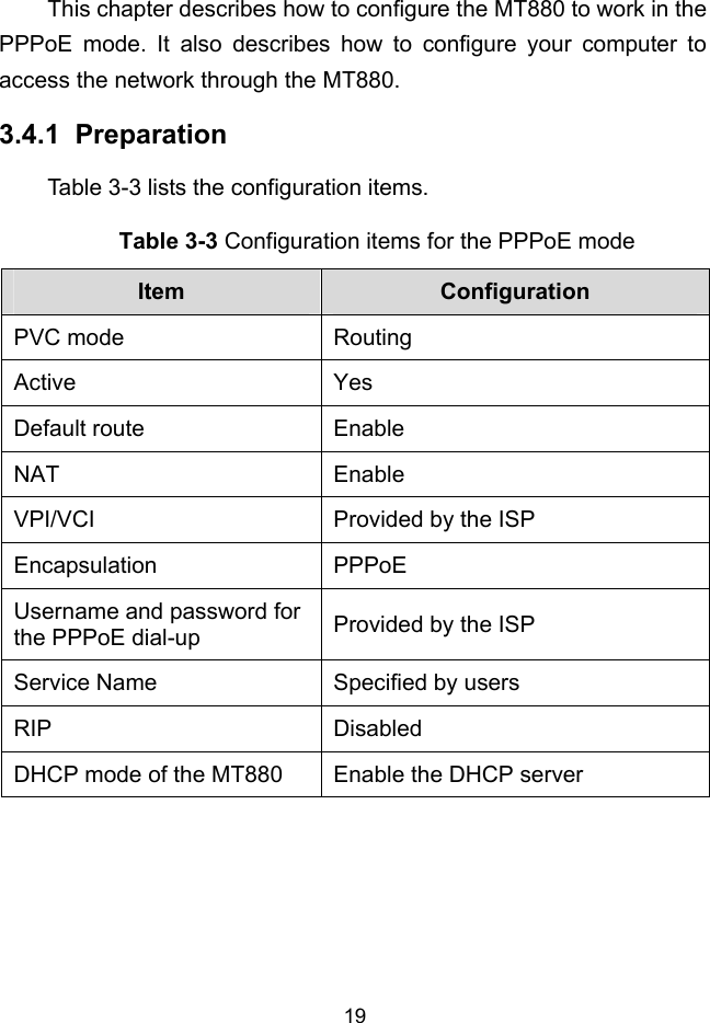  19 3.4.1 This chapter describes how to configure the MT880 to work in the PPPoE mode. It also describes how to configure your computer to access the network through the MT880.  Preparation Table 3-3 lists the configuration items. Table 3-3 Configuration items for the PPPoE mode Item  Configuration PVC mode  Routing Active Yes Default route  Enable NAT Enable VPI/VCI  Provided by the ISP Encapsulation PPPoE Username and password for the PPPoE dial-up  Provided by the ISP Service Name  Specified by users RIP Disabled DHCP mode of the MT880  Enable the DHCP server  