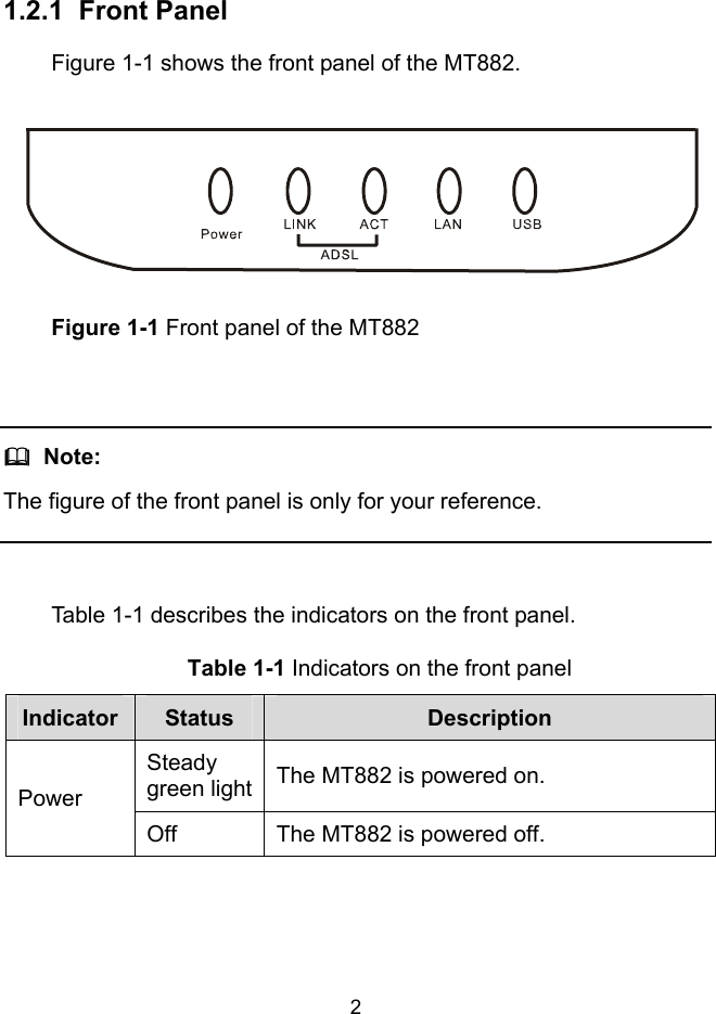  2 1.2.1  Front Panel Figure 1-1 shows the front panel of the MT882.  Figure 1-1 Front panel of the MT882    Note: The figure of the front panel is only for your reference.  Table 1-1 describes the indicators on the front panel. Table 1-1 Indicators on the front panel Indicator  Status  Description Steady green light The MT882 is powered on. Power Off  The MT882 is powered off. 