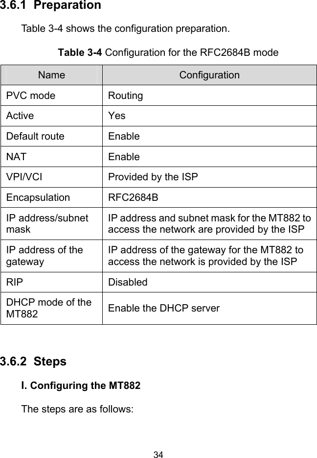  34 3.6.1  Preparation Table 3-4 shows the configuration preparation. Table 3-4 Configuration for the RFC2684B mode Name  Configuration PVC mode  Routing Active Yes Default route  Enable NAT Enable VPI/VCI  Provided by the ISP Encapsulation RFC2684B IP address/subnet mask IP address and subnet mask for the MT882 to access the network are provided by the ISP IP address of the gateway IP address of the gateway for the MT882 to access the network is provided by the ISP RIP Disabled DHCP mode of the MT882  Enable the DHCP server  3.6.2 I.  Steps Configuring the MT882 The steps are as follows: 