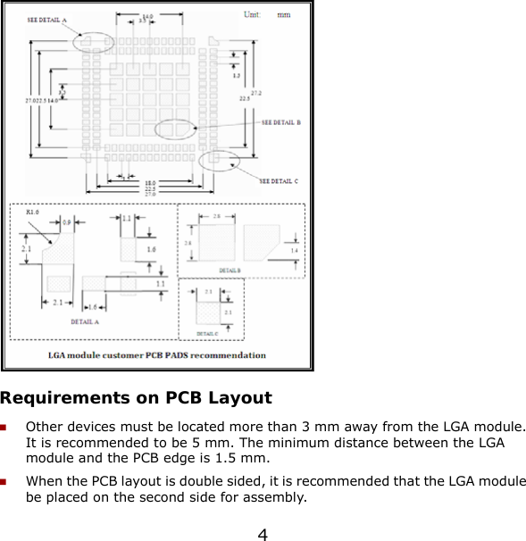  Requirements on PCB Layout  Other devices must be located more than 3 mm away from the LGA module. It is recommended to be 5 mm. The minimum distance between the LGA module and the PCB edge is 1.5 mm.  When the PCB layout is double sided, it is recommended that the LGA module be placed on the second side for assembly. 4 