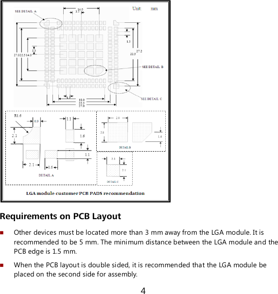 4  Requirements on PCB Layout  Other devices must be located more than 3 mm away from the LGA module. It is recommended to be 5 mm. The minimum distance between the LGA module and the PCB edge is 1.5 mm.  When the PCB layout is double sided, it is recommended that the LGA module be placed on the second side for assembly. 