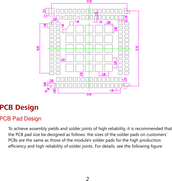 2  PCB Design PCB Pad Design To achieve assembly yields and solder joints of high reliability, it is recommended that the PCB pad size be designed as follows: the sizes of the solder pads on customers&apos; PCBs are the same as those of the module&apos;s solder pads for the high production efficiency and high reliability of solder joints. For details, see the following figure: 