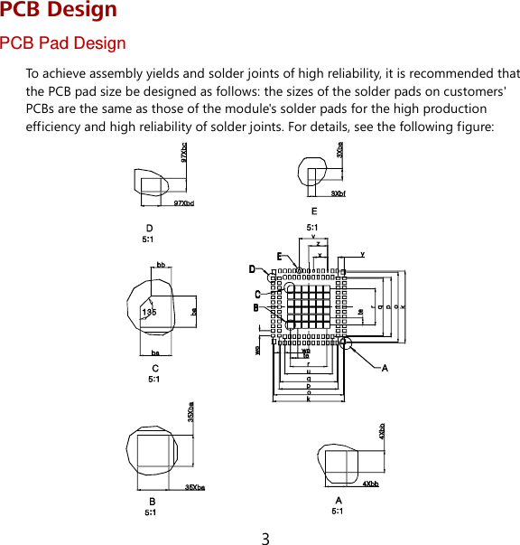 3 PCB Design PCB Pad Design To achieve assembly yields and solder joints of high reliability, it is recommended that the PCB pad size be designed as follows: the sizes of the solder pads on customers&apos; PCBs are the same as those of the module&apos;s solder pads for the high production efficiency and high reliability of solder joints. For details, see the following figure:                
