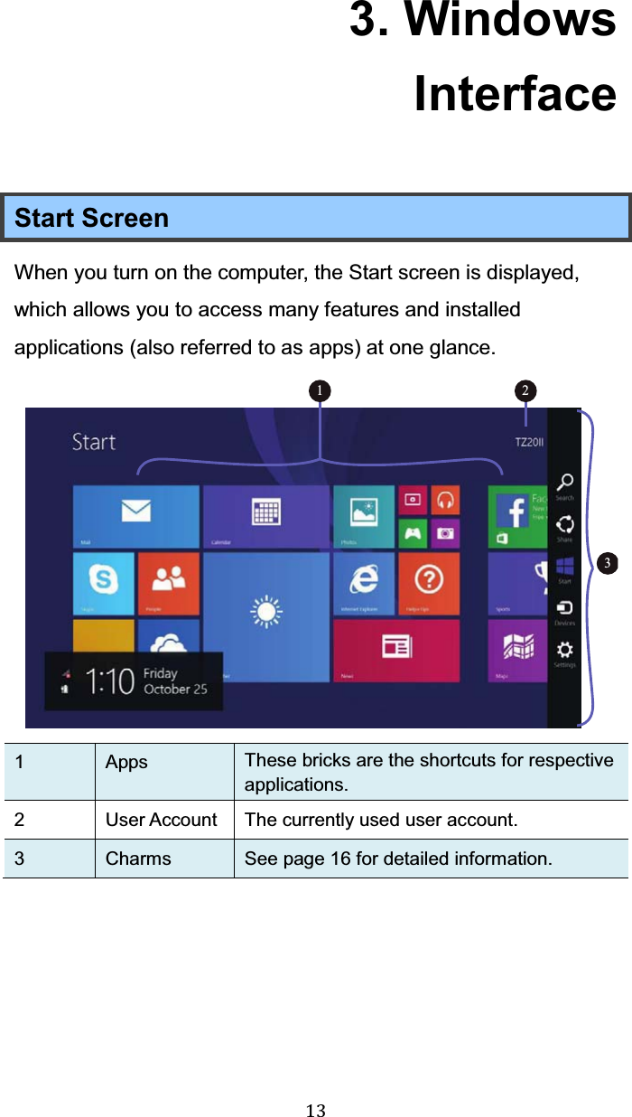 13 3. Windows Interface Start Screen When you turn on the computer, the Start screen is displayed, which allows you to access many features and installed applications (also referred to as apps) at one glance.    1 Apps These bricks are the shortcuts for respective applications. 2 User Account The currently used user account. 3 Charms  See page 16 for detailed information.    1 23