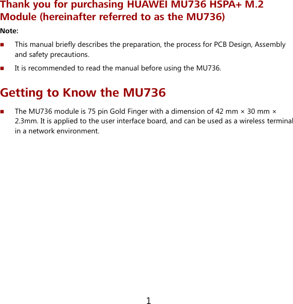 Page 4 of Huawei Technologies MU736 HSPA+ Module supporting GPRS/EDGE850/1900, UMTS 850/1900/1700 User Manual English