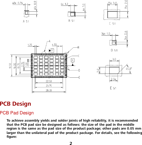 2  PCB Design PCB Pad Design To achieve assembly yields and solder joints of high reliability, it is recommended that the PCB pad size be designed as follows: the size of the pad in the middle region is the same as the pad size of the product package; other pads are 0.05 mm larger than the unilateral pad of the product package. For details, see the following figure: 
