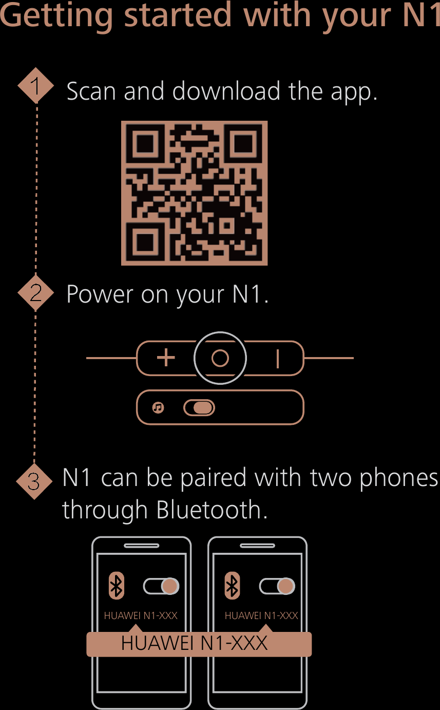 Getting started with your N1Power on your N1.HUAWEI N1-XXX HUAWEI N1-XXX     HUAWEI N1-XXXN1 can be paired with two phonesthrough Bluetooth.Scan and download the app.