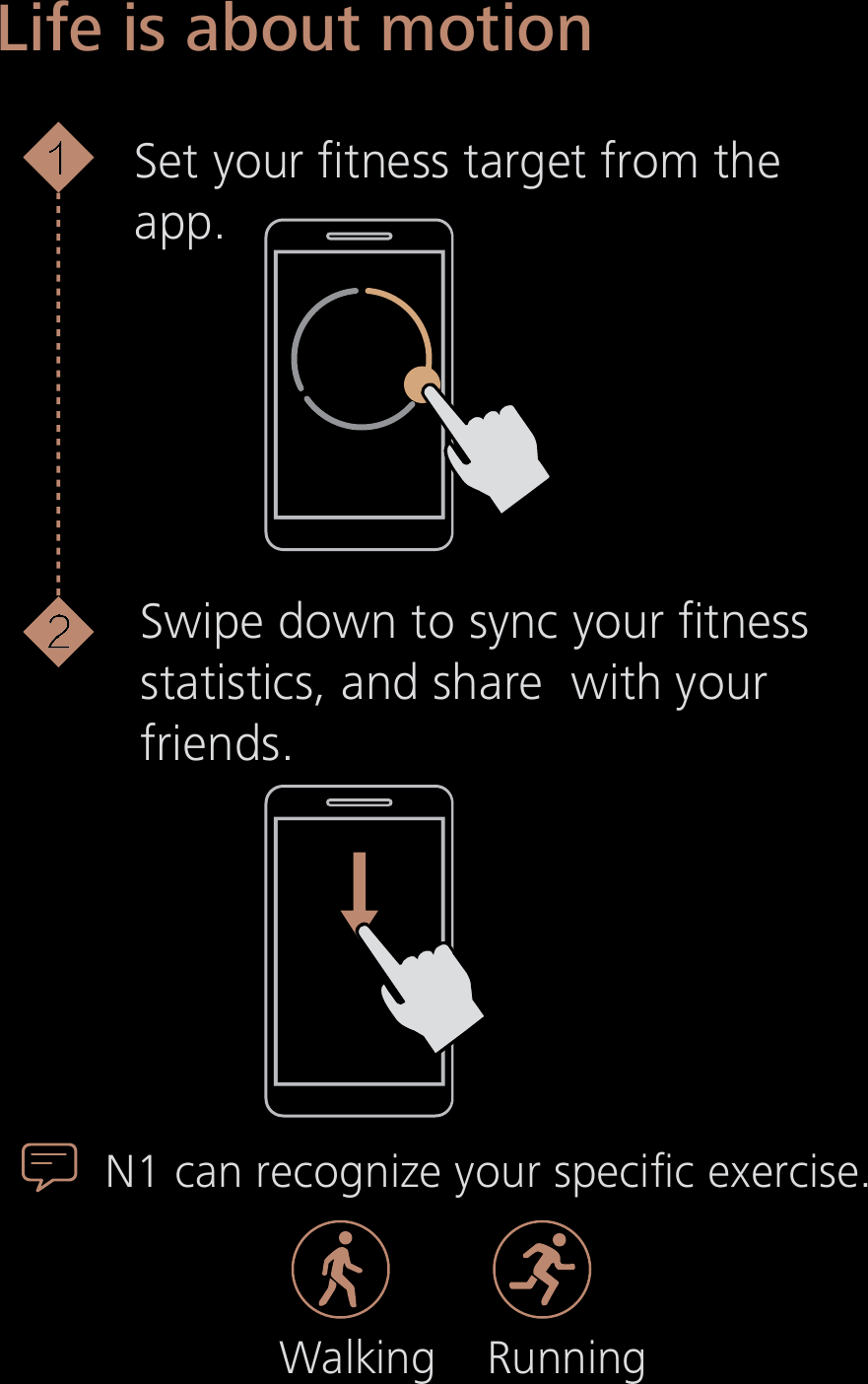 Life is about motionSet your fitness target from theapp.N1 can recognize your specific exercise.Walking    RunningSwipe down to sync your fitnessstatistics, and share  with yourfriends.