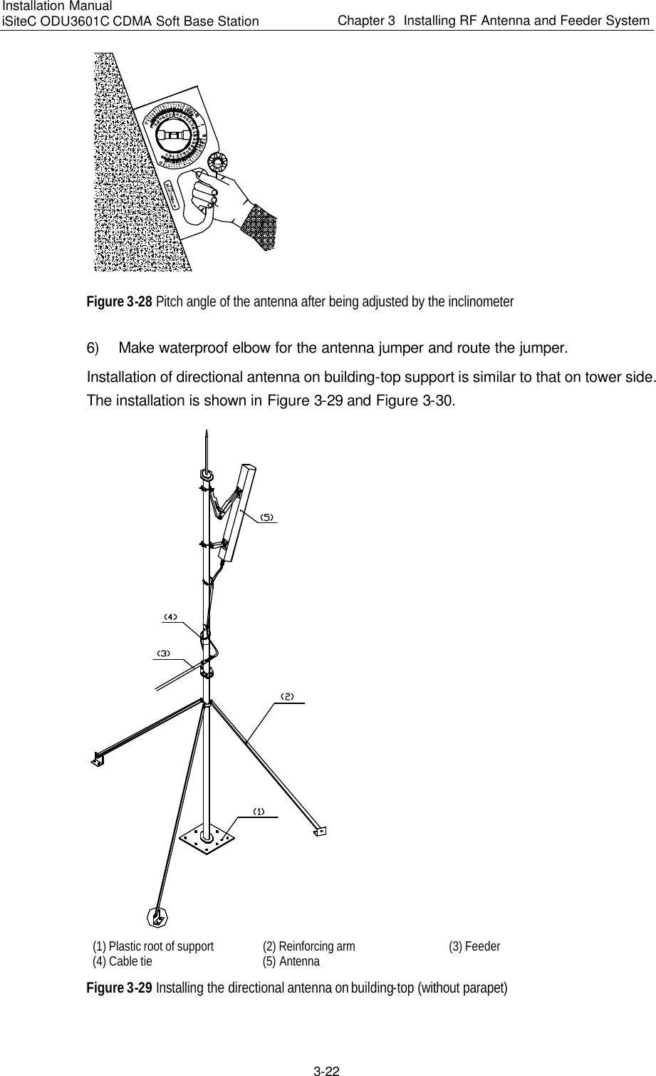 Installation Manual   iSiteC ODU3601C CDMA Soft Base Station Chapter 3  Installing RF Antenna and Feeder System  3-22  Figure 3-28 Pitch angle of the antenna after being adjusted by the inclinometer 6) Make waterproof elbow for the antenna jumper and route the jumper. Installation of directional antenna on building-top support is similar to that on tower side. The installation is shown in Figure 3-29 and Figure 3-30.  (1) Plastic root of support (2) Reinforcing arm (3) Feeder (4) Cable tie (5) Antenna   Figure 3-29 Installing the directional antenna on building-top (without parapet) 