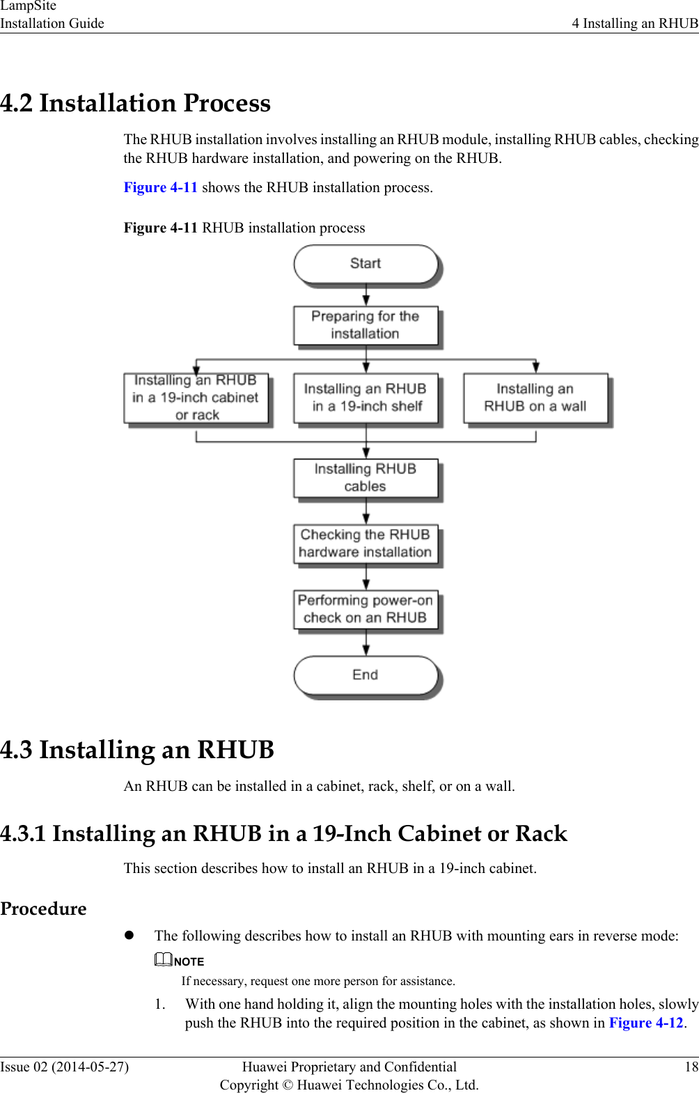 4.2 Installation ProcessThe RHUB installation involves installing an RHUB module, installing RHUB cables, checkingthe RHUB hardware installation, and powering on the RHUB.Figure 4-11 shows the RHUB installation process.Figure 4-11 RHUB installation process4.3 Installing an RHUBAn RHUB can be installed in a cabinet, rack, shelf, or on a wall.4.3.1 Installing an RHUB in a 19-Inch Cabinet or RackThis section describes how to install an RHUB in a 19-inch cabinet.ProcedurelThe following describes how to install an RHUB with mounting ears in reverse mode:NOTEIf necessary, request one more person for assistance.1. With one hand holding it, align the mounting holes with the installation holes, slowlypush the RHUB into the required position in the cabinet, as shown in Figure 4-12.LampSiteInstallation Guide 4 Installing an RHUBIssue 02 (2014-05-27) Huawei Proprietary and ConfidentialCopyright © Huawei Technologies Co., Ltd.18