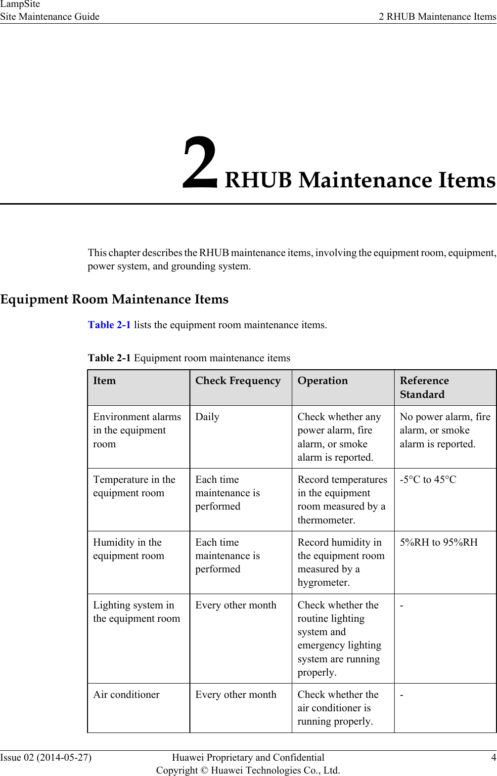 2 RHUB Maintenance ItemsThis chapter describes the RHUB maintenance items, involving the equipment room, equipment,power system, and grounding system.Equipment Room Maintenance ItemsTable 2-1 lists the equipment room maintenance items.Table 2-1 Equipment room maintenance itemsItem Check Frequency Operation ReferenceStandardEnvironment alarmsin the equipmentroomDaily Check whether anypower alarm, firealarm, or smokealarm is reported.No power alarm, firealarm, or smokealarm is reported.Temperature in theequipment roomEach timemaintenance isperformedRecord temperaturesin the equipmentroom measured by athermometer.-5°C to 45°CHumidity in theequipment roomEach timemaintenance isperformedRecord humidity inthe equipment roommeasured by ahygrometer.5%RH to 95%RHLighting system inthe equipment roomEvery other month Check whether theroutine lightingsystem andemergency lightingsystem are runningproperly.-Air conditioner Every other month Check whether theair conditioner isrunning properly.-LampSiteSite Maintenance Guide 2 RHUB Maintenance ItemsIssue 02 (2014-05-27) Huawei Proprietary and ConfidentialCopyright © Huawei Technologies Co., Ltd.4