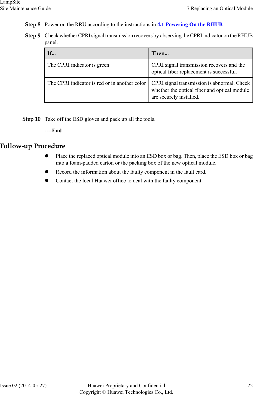 Step 8 Power on the RRU according to the instructions in 4.1 Powering On the RHUB.Step 9 Check whether CPRI signal transmission recovers by observing the CPRI indicator on the RHUBpanel.If... Then...The CPRI indicator is green CPRI signal transmission recovers and theoptical fiber replacement is successful.The CPRI indicator is red or in another color CPRI signal transmission is abnormal. Checkwhether the optical fiber and optical moduleare securely installed. Step 10 Take off the ESD gloves and pack up all the tools.----EndFollow-up ProcedurelPlace the replaced optical module into an ESD box or bag. Then, place the ESD box or baginto a foam-padded carton or the packing box of the new optical module.lRecord the information about the faulty component in the fault card.lContact the local Huawei office to deal with the faulty component.LampSiteSite Maintenance Guide 7 Replacing an Optical ModuleIssue 02 (2014-05-27) Huawei Proprietary and ConfidentialCopyright © Huawei Technologies Co., Ltd.22