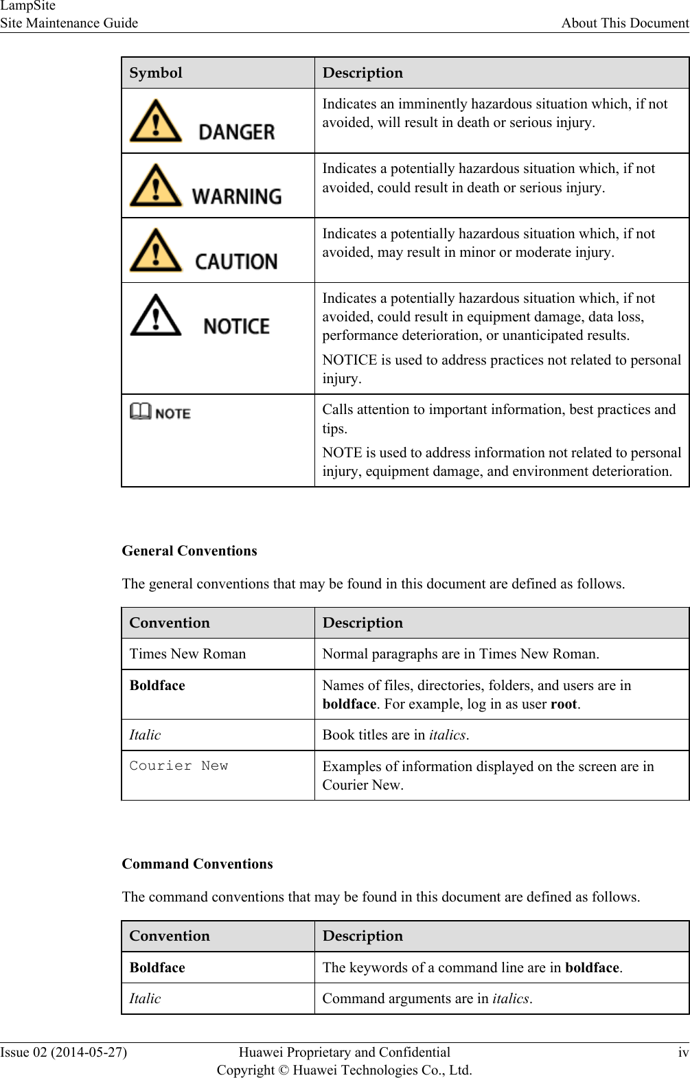 Symbol DescriptionIndicates an imminently hazardous situation which, if notavoided, will result in death or serious injury.Indicates a potentially hazardous situation which, if notavoided, could result in death or serious injury.Indicates a potentially hazardous situation which, if notavoided, may result in minor or moderate injury.Indicates a potentially hazardous situation which, if notavoided, could result in equipment damage, data loss,performance deterioration, or unanticipated results.NOTICE is used to address practices not related to personalinjury.Calls attention to important information, best practices andtips.NOTE is used to address information not related to personalinjury, equipment damage, and environment deterioration. General ConventionsThe general conventions that may be found in this document are defined as follows.Convention DescriptionTimes New Roman Normal paragraphs are in Times New Roman.Boldface Names of files, directories, folders, and users are inboldface. For example, log in as user root.Italic Book titles are in italics.Courier New Examples of information displayed on the screen are inCourier New. Command ConventionsThe command conventions that may be found in this document are defined as follows.Convention DescriptionBoldface The keywords of a command line are in boldface.Italic Command arguments are in italics.LampSiteSite Maintenance Guide About This DocumentIssue 02 (2014-05-27) Huawei Proprietary and ConfidentialCopyright © Huawei Technologies Co., Ltd.iv