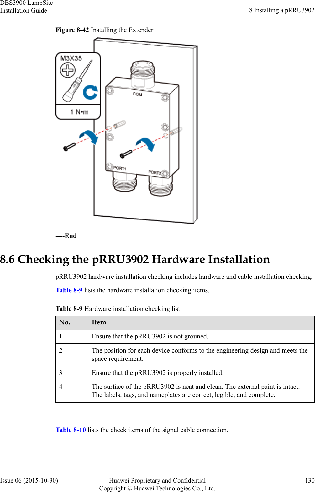 Figure 8-42 Installing the Extender----End8.6 Checking the pRRU3902 Hardware InstallationpRRU3902 hardware installation checking includes hardware and cable installation checking.Table 8-9 lists the hardware installation checking items.Table 8-9 Hardware installation checking listNo. Item1 Ensure that the pRRU3902 is not grouned.2 The position for each device conforms to the engineering design and meets thespace requirement.3 Ensure that the pRRU3902 is properly installed.4 The surface of the pRRU3902 is neat and clean. The external paint is intact.The labels, tags, and nameplates are correct, legible, and complete. Table 8-10 lists the check items of the signal cable connection.DBS3900 LampSiteInstallation Guide 8 Installing a pRRU3902Issue 06 (2015-10-30) Huawei Proprietary and ConfidentialCopyright © Huawei Technologies Co., Ltd.130