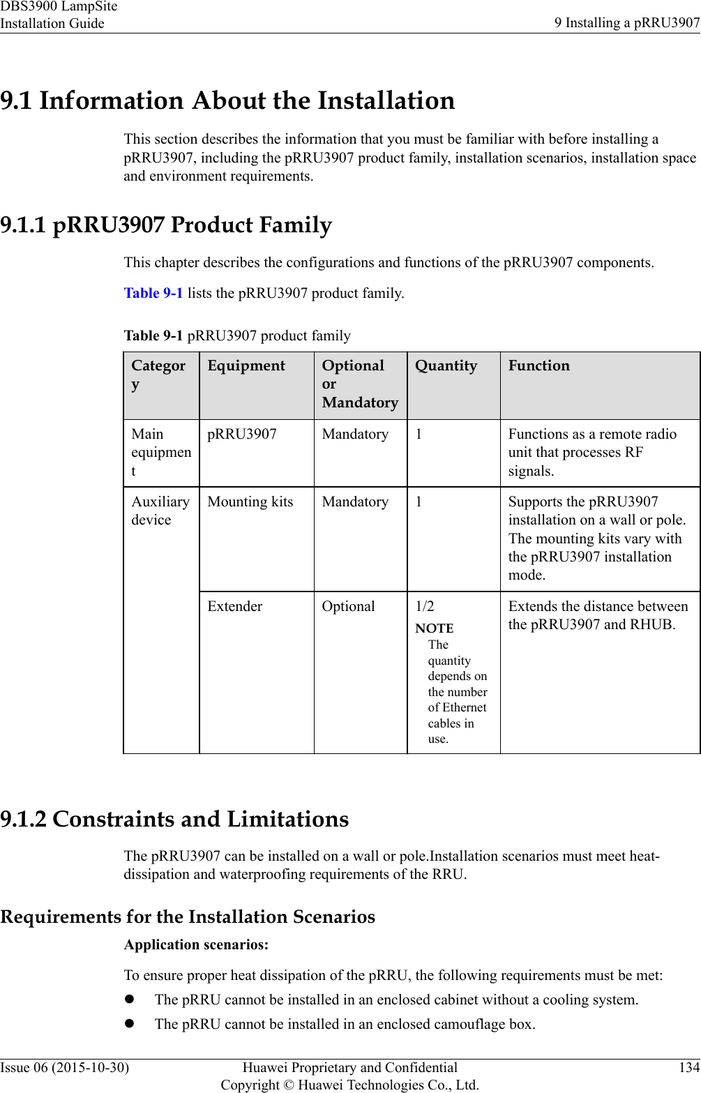 9.1 Information About the InstallationThis section describes the information that you must be familiar with before installing apRRU3907, including the pRRU3907 product family, installation scenarios, installation spaceand environment requirements.9.1.1 pRRU3907 Product FamilyThis chapter describes the configurations and functions of the pRRU3907 components.Table 9-1 lists the pRRU3907 product family.Table 9-1 pRRU3907 product familyCategoryEquipment OptionalorMandatoryQuantity FunctionMainequipmentpRRU3907 Mandatory 1 Functions as a remote radiounit that processes RFsignals.AuxiliarydeviceMounting kits Mandatory 1 Supports the pRRU3907installation on a wall or pole.The mounting kits vary withthe pRRU3907 installationmode.Extender Optional 1/2NOTEThequantitydepends onthe numberof Ethernetcables inuse.Extends the distance betweenthe pRRU3907 and RHUB. 9.1.2 Constraints and LimitationsThe pRRU3907 can be installed on a wall or pole.Installation scenarios must meet heat-dissipation and waterproofing requirements of the RRU.Requirements for the Installation ScenariosApplication scenarios:To ensure proper heat dissipation of the pRRU, the following requirements must be met:lThe pRRU cannot be installed in an enclosed cabinet without a cooling system.lThe pRRU cannot be installed in an enclosed camouflage box.DBS3900 LampSiteInstallation Guide 9 Installing a pRRU3907Issue 06 (2015-10-30) Huawei Proprietary and ConfidentialCopyright © Huawei Technologies Co., Ltd.134
