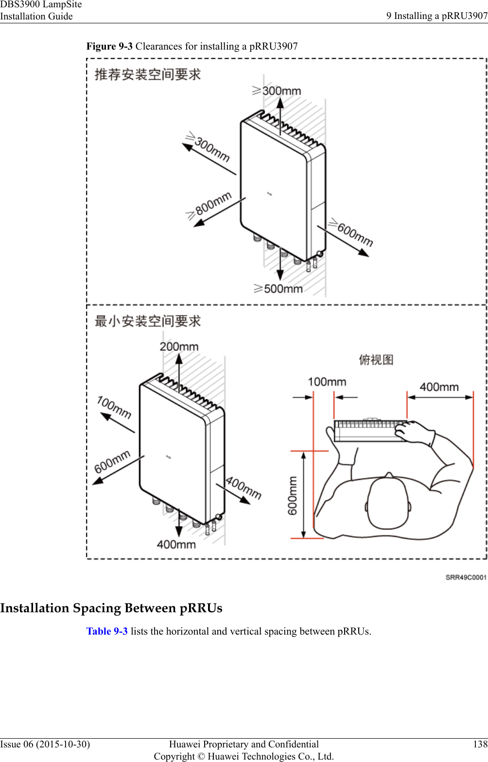 Figure 9-3 Clearances for installing a pRRU3907Installation Spacing Between pRRUsTable 9-3 lists the horizontal and vertical spacing between pRRUs.DBS3900 LampSiteInstallation Guide 9 Installing a pRRU3907Issue 06 (2015-10-30) Huawei Proprietary and ConfidentialCopyright © Huawei Technologies Co., Ltd.138