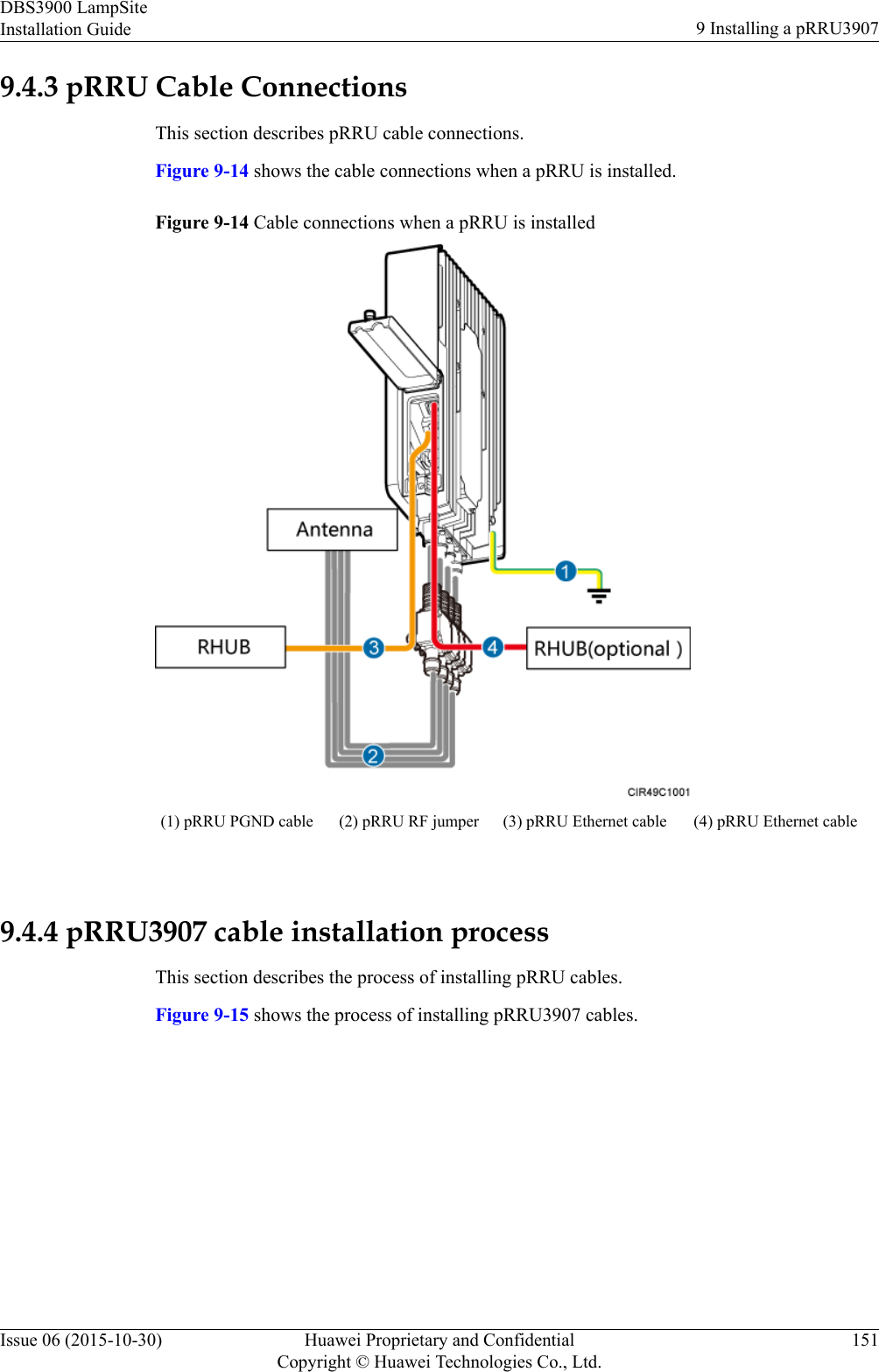 9.4.3 pRRU Cable ConnectionsThis section describes pRRU cable connections.Figure 9-14 shows the cable connections when a pRRU is installed.Figure 9-14 Cable connections when a pRRU is installed(1) pRRU PGND cable (2) pRRU RF jumper (3) pRRU Ethernet cable (4) pRRU Ethernet cable 9.4.4 pRRU3907 cable installation processThis section describes the process of installing pRRU cables.Figure 9-15 shows the process of installing pRRU3907 cables.DBS3900 LampSiteInstallation Guide 9 Installing a pRRU3907Issue 06 (2015-10-30) Huawei Proprietary and ConfidentialCopyright © Huawei Technologies Co., Ltd.151