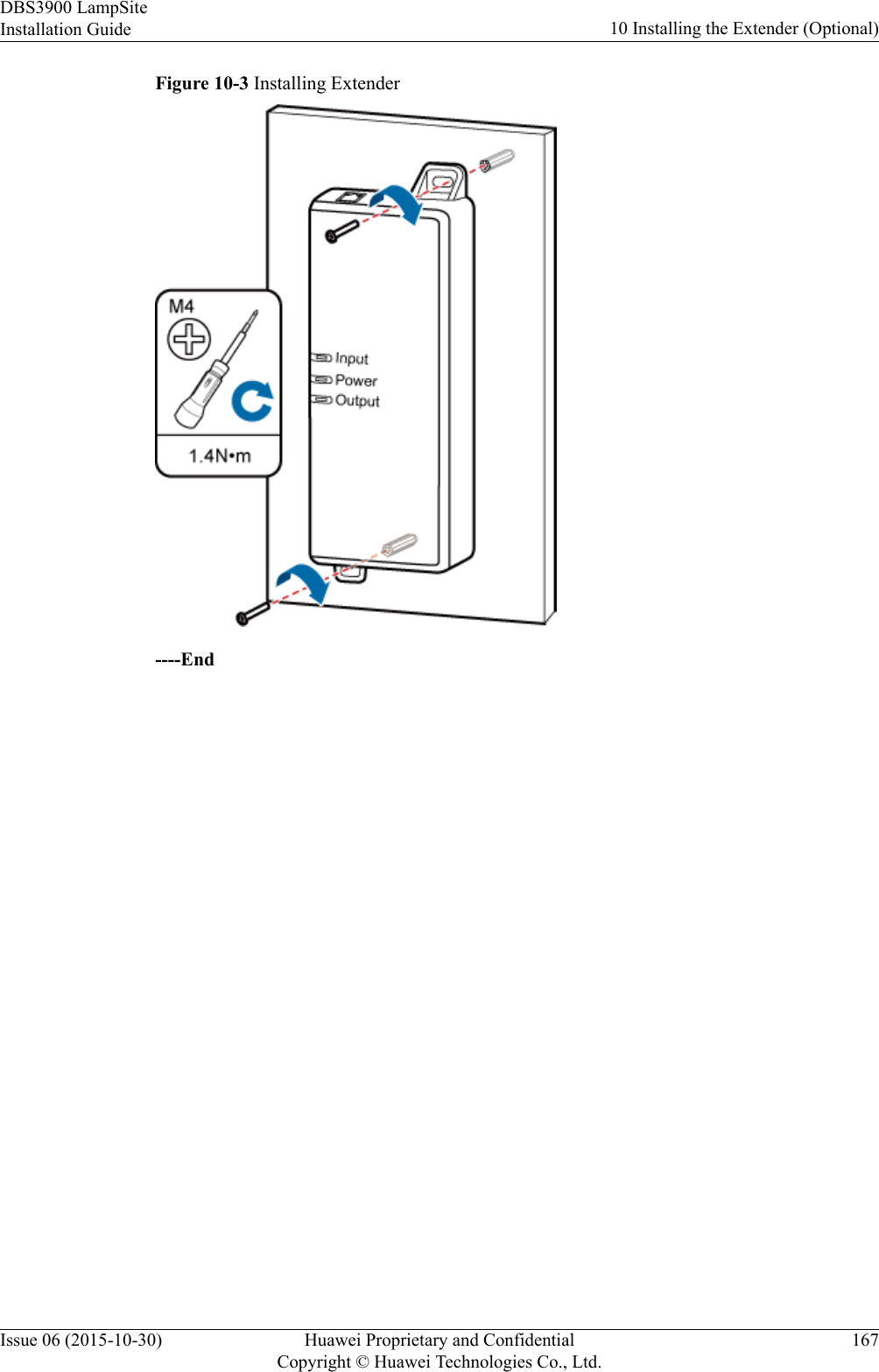 Figure 10-3 Installing Extender----EndDBS3900 LampSiteInstallation Guide 10 Installing the Extender (Optional)Issue 06 (2015-10-30) Huawei Proprietary and ConfidentialCopyright © Huawei Technologies Co., Ltd.167