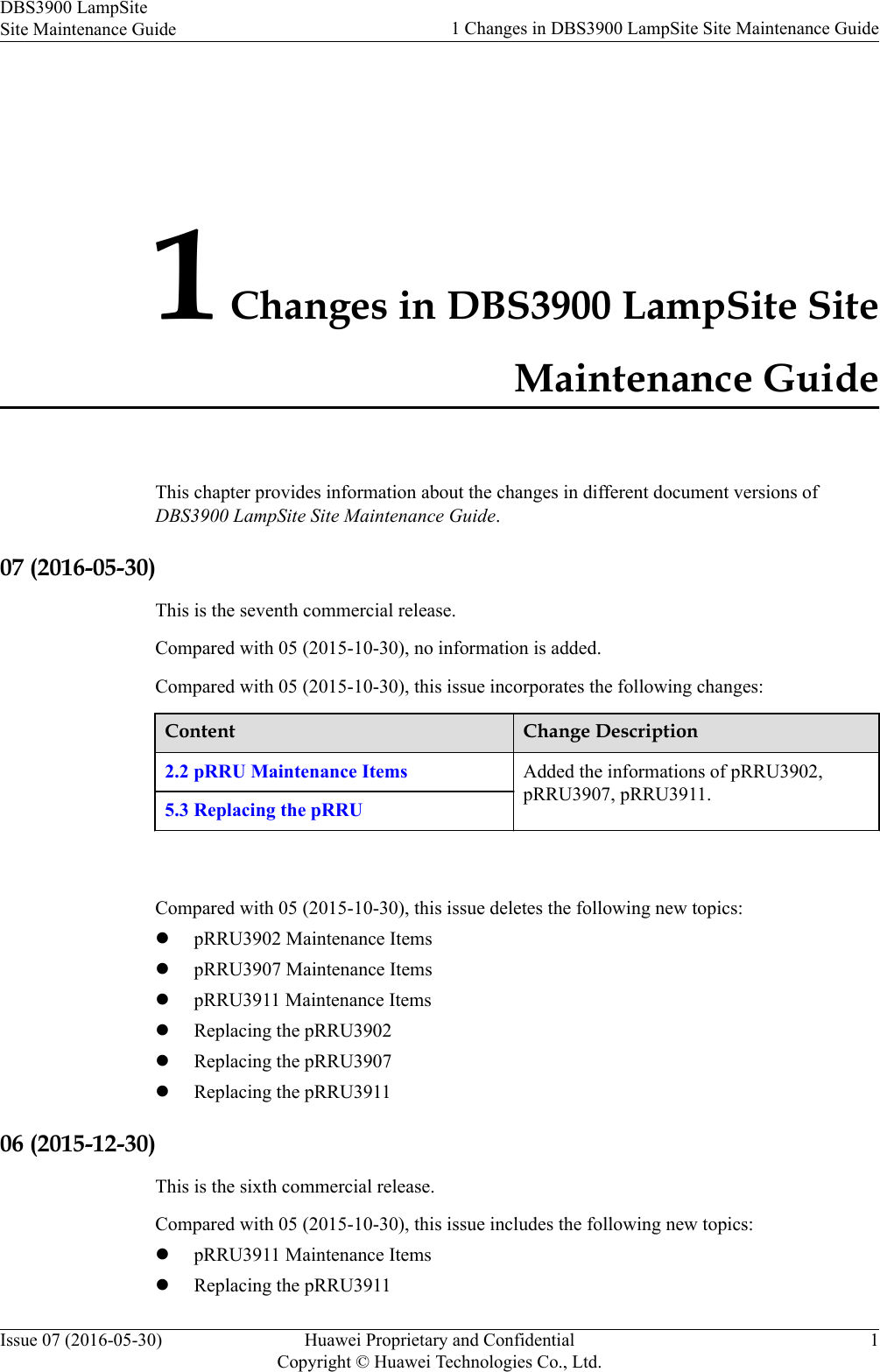 1 Changes in DBS3900 LampSite SiteMaintenance GuideThis chapter provides information about the changes in different document versions ofDBS3900 LampSite Site Maintenance Guide.07 (2016-05-30)This is the seventh commercial release.Compared with 05 (2015-10-30), no information is added.Compared with 05 (2015-10-30), this issue incorporates the following changes:Content Change Description2.2 pRRU Maintenance Items Added the informations of pRRU3902,pRRU3907, pRRU3911.5.3 Replacing the pRRU Compared with 05 (2015-10-30), this issue deletes the following new topics:lpRRU3902 Maintenance ItemslpRRU3907 Maintenance ItemslpRRU3911 Maintenance ItemslReplacing the pRRU3902lReplacing the pRRU3907lReplacing the pRRU391106 (2015-12-30)This is the sixth commercial release.Compared with 05 (2015-10-30), this issue includes the following new topics:lpRRU3911 Maintenance ItemslReplacing the pRRU3911DBS3900 LampSiteSite Maintenance Guide 1 Changes in DBS3900 LampSite Site Maintenance GuideIssue 07 (2016-05-30) Huawei Proprietary and ConfidentialCopyright © Huawei Technologies Co., Ltd.1