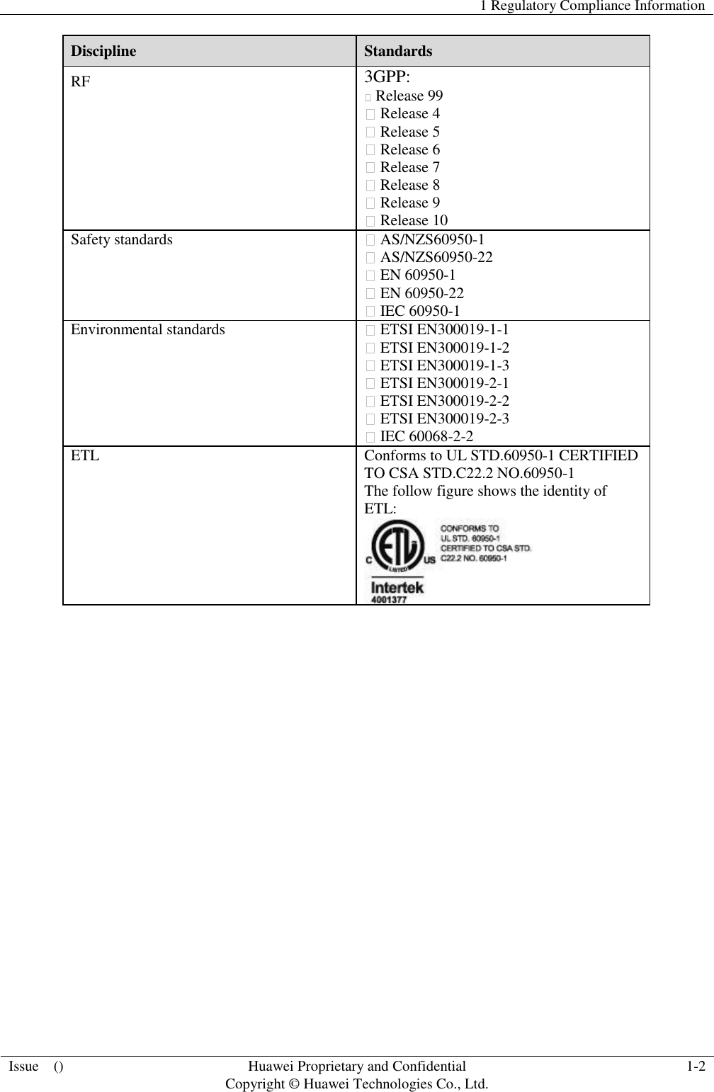   1 Regulatory Compliance Information  Issue    () Huawei Proprietary and Confidential                                     Copyright © Huawei Technologies Co., Ltd. 1-2  Discipline Standards RF 3GPP:  Release 99    Release 4    Release 5    Release 6    Release 7    Release 8    Release 9    Release 10 Safety standards     AS/NZS60950-1    AS/NZS60950-22    EN 60950-1    EN 60950-22    IEC 60950-1   Environmental standards     ETSI EN300019-1-1    ETSI EN300019-1-2    ETSI EN300019-1-3    ETSI EN300019-2-1    ETSI EN300019-2-2    ETSI EN300019-2-3    IEC 60068-2-2   ETL Conforms to UL STD.60950-1 CERTIFIED TO CSA STD.C22.2 NO.60950-1   The follow figure shows the identity of ETL:    