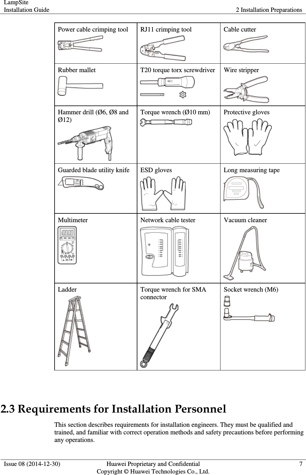 LampSite Installation Guide 2 Installation Preparations  Issue 08 (2014-12-30) Huawei Proprietary and Confidential                                     Copyright © Huawei Technologies Co., Ltd. 7  Power cable crimping tool  RJ11 crimping tool  Cable cutter  Rubber mallet  T20 torque torx screwdriver  Wire stripper  Hammer drill (Ø6, Ø8 and Ø12)  Torque wrench (Ø10 mm)  Protective gloves  Guarded blade utility knife  ESD gloves  Long measuring tape  Multimeter  Network cable tester  Vacuum cleaner  Ladder  Torque wrench for SMA connector  Socket wrench (M6)   2.3 Requirements for Installation Personnel This section describes requirements for installation engineers. They must be qualified and trained, and familiar with correct operation methods and safety precautions before performing any operations.   