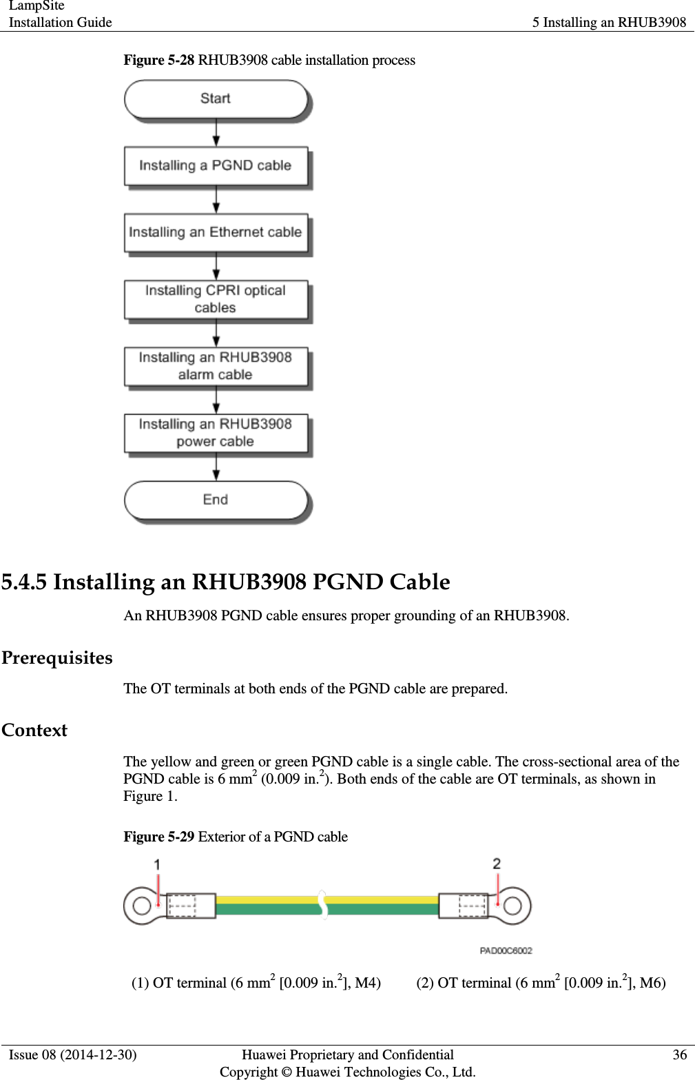 LampSite Installation Guide 5 Installing an RHUB3908  Issue 08 (2014-12-30) Huawei Proprietary and Confidential                                     Copyright © Huawei Technologies Co., Ltd. 36  Figure 5-28 RHUB3908 cable installation process     5.4.5 Installing an RHUB3908 PGND Cable An RHUB3908 PGND cable ensures proper grounding of an RHUB3908.   Prerequisites The OT terminals at both ends of the PGND cable are prepared. Context The yellow and green or green PGND cable is a single cable. The cross-sectional area of the PGND cable is 6 mm2 (0.009 in.2). Both ends of the cable are OT terminals, as shown in Figure 1. Figure 5-29 Exterior of a PGND cable  (1) OT terminal (6 mm2 [0.009 in.2], M4) (2) OT terminal (6 mm2 [0.009 in.2], M6) 