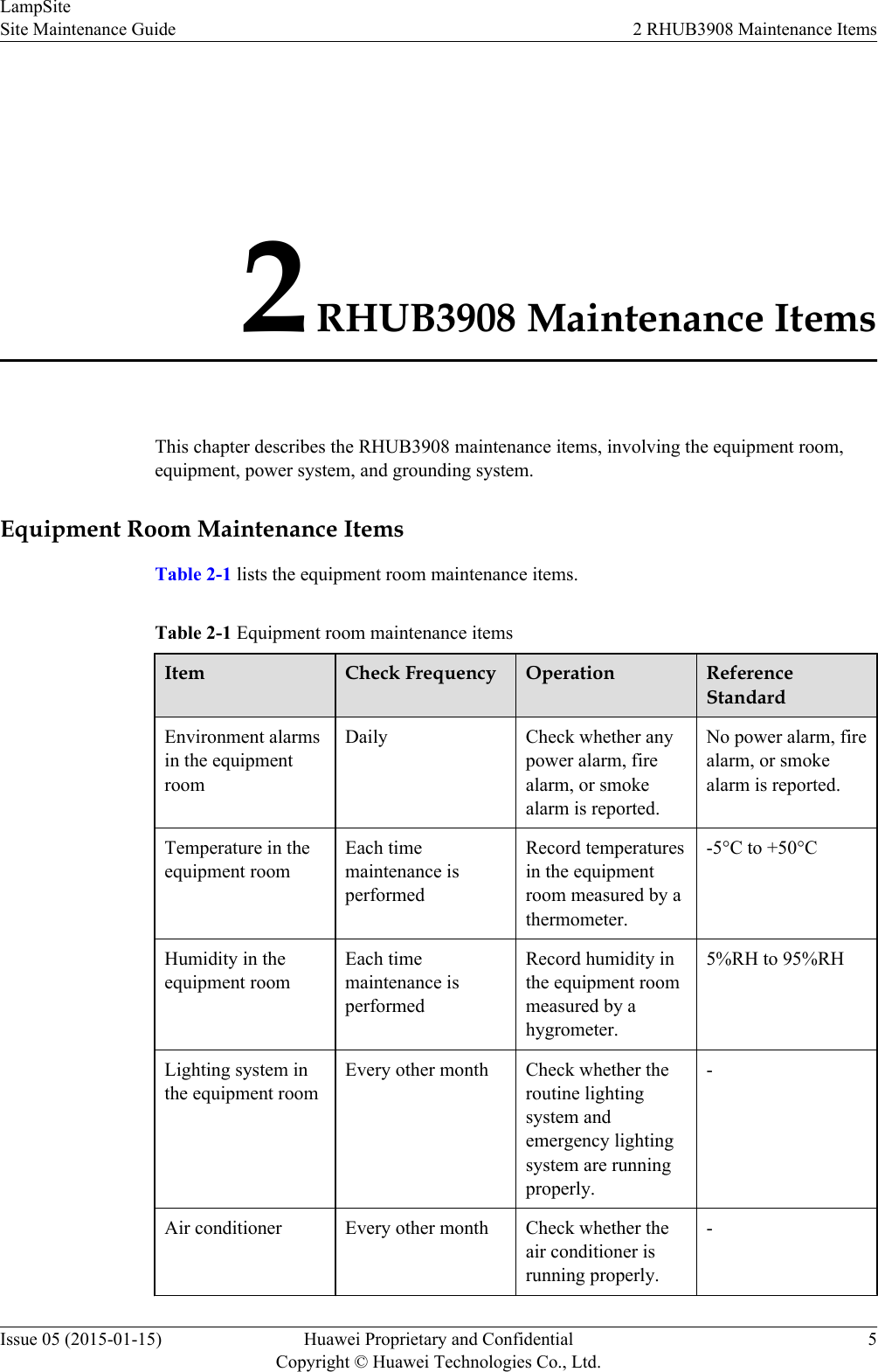 2 RHUB3908 Maintenance ItemsThis chapter describes the RHUB3908 maintenance items, involving the equipment room,equipment, power system, and grounding system.Equipment Room Maintenance ItemsTable 2-1 lists the equipment room maintenance items.Table 2-1 Equipment room maintenance itemsItem Check Frequency Operation ReferenceStandardEnvironment alarmsin the equipmentroomDaily Check whether anypower alarm, firealarm, or smokealarm is reported.No power alarm, firealarm, or smokealarm is reported.Temperature in theequipment roomEach timemaintenance isperformedRecord temperaturesin the equipmentroom measured by athermometer.-5°C to +50°CHumidity in theequipment roomEach timemaintenance isperformedRecord humidity inthe equipment roommeasured by ahygrometer.5%RH to 95%RHLighting system inthe equipment roomEvery other month Check whether theroutine lightingsystem andemergency lightingsystem are runningproperly.-Air conditioner Every other month Check whether theair conditioner isrunning properly.-LampSiteSite Maintenance Guide 2 RHUB3908 Maintenance ItemsIssue 05 (2015-01-15) Huawei Proprietary and ConfidentialCopyright © Huawei Technologies Co., Ltd.5